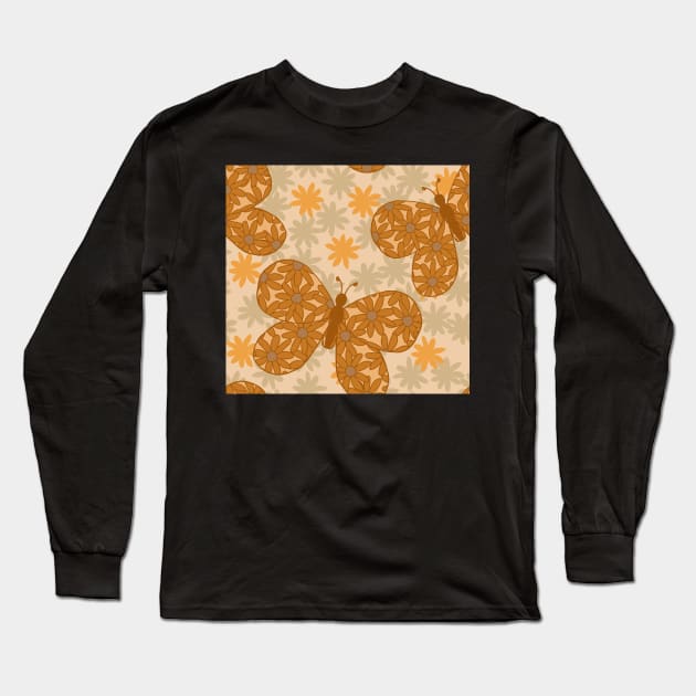 Warm Mustard and Caramel Floral Butterflies Long Sleeve T-Shirt by FrancesPoff